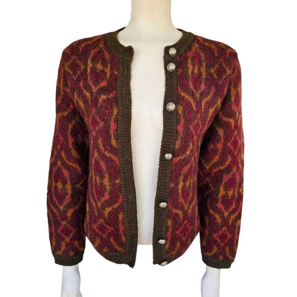 Edinburgh Women’s Mohair Blend Cardigan Sweater M Brown Red Pattern Knit Button - Picture 4 of 12